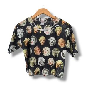 Cleo Apparel Marilyn Monroe Mesh Jersey Top Black Multi Graphic Print Womens M